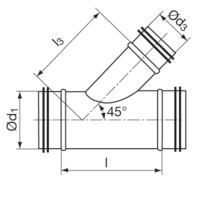 Trójniki wentylacyjne > Trójnik TVU 45°